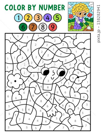 Vector garden color by number activity with boy digging earth. Spring black and white counting, colouring game. Cute coloring page for kids. Line printable worksheet with kid gardener 138282941