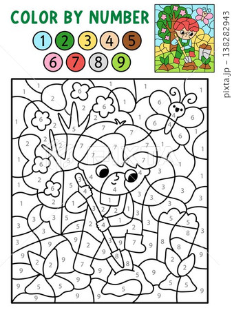 Vector garden color by number activity with boy digging earth. Spring black and white counting, colouring game. Cute coloring page for kids. Line printable worksheet with kid gardener 138282943