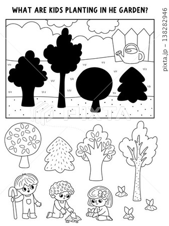 Garden shadow matching activity with gardeners planting trees. Spring black and white puzzle. Find correct silhouette printable worksheet, game, coloring page with kids doing work Garden shadow matching activity with gardeners planting trees. Spring black and white puzzle. Find correct silhouette printable worksheet, game, coloring page with kids doing work 138282946
