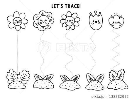 Vector black and white garden handwriting practice worksheet, coloring page with growing flowers. Preschool drawing printable activity. Spring line tracing game for writing skills with plants Vector black and white garden handwriting practice worksheet, coloring page with growing flowers. Preschool drawing printable activity. Spring line tracing game for writing skills with plants 138282952