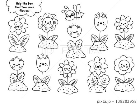 Find two same flowers. Garden black and white matching activity for children. Spring, summer educational quiz worksheet, coloring page for kids. Printable game with kawaii plants 138282958
