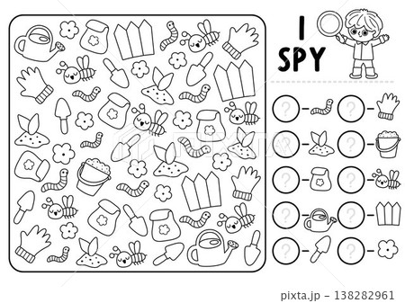 Garden black and white I spy game for kids. Searching, counting activity with gardening tools, glove, watering can, worm. Printable line worksheet, coloring page. Spring or summer spotting puzzle 138282961
