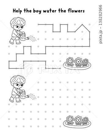 Garden black and white drawing, writing, tracing, space orientation activity for kids with boy watering flowers. Draw lines in box according example. Spring printable game, puzzle, coloring page Garden black and white drawing, writing, tracing, space orientation activity for kids with boy watering flowers. Draw lines in box according example. Spring printable game, puzzle, coloring page 138282966