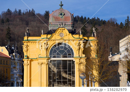 Neo Baroque colonnade in historic spa Marianske Lazne, Czechia, Cheb district, Karlovy Vary region, architectural details, sunny day 138282970