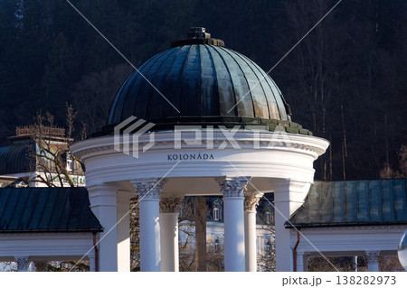 Neo Baroque colonnade in historic spa Marianske Lazne, Czechia, Cheb district, Karlovy Vary region, architectural details, sunny day 138282973