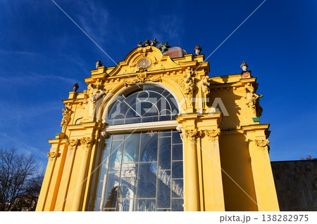 Neo Baroque colonnade in historic spa Marianske Lazne, Czechia, Cheb district, Karlovy Vary region, architectural details, sunny day 138282975