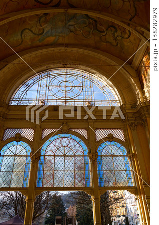 Neo Baroque colonnade in historic spa Marianske Lazne, Czechia, Cheb district, Karlovy Vary region, architectural details, sunny day 138282979