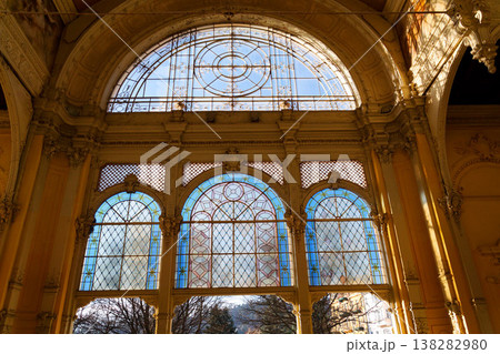 Neo Baroque colonnade in historic spa Marianske Lazne, Czechia, Cheb district, Karlovy Vary region, architectural details, sunny day 138282980