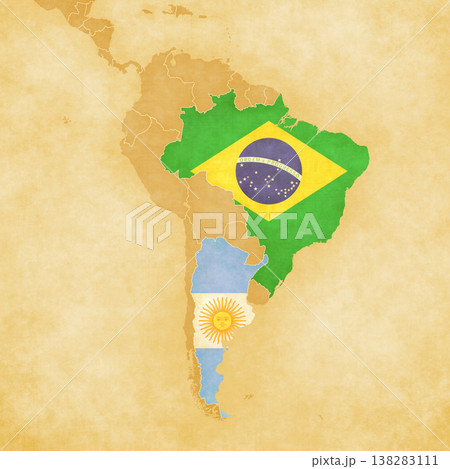 Ocher map of South America - Brazil and Argentina Ocher map of South America - Brazil and Argentina 138283111