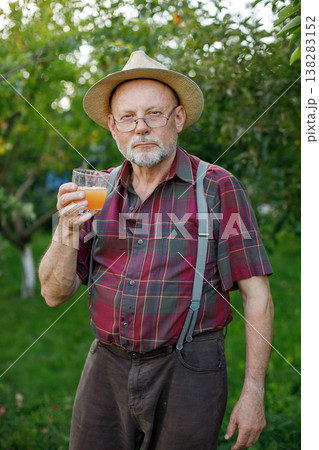 Farmer with straw hat holding glass of apple juice standing in orchard in late summer time. Senior farmer harvesting apples. Man wearing red plaid t-shirt and eyeglasses. 138283152