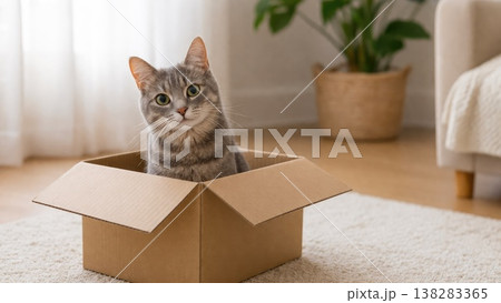 Curious gray tabby cat sitting inside cardboard box at home Curious gray tabby cat sitting inside cardboard box at home 138283365