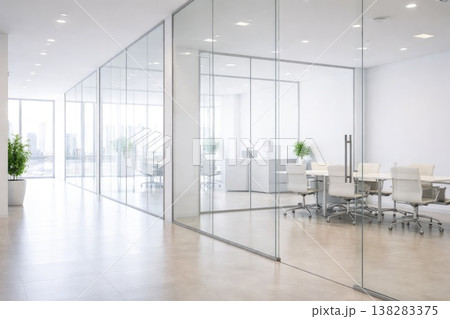 Modern glass office interior with conference room and minimalist corporate workspace Modern glass office interior with conference room and minimalist corporate workspace 138283375