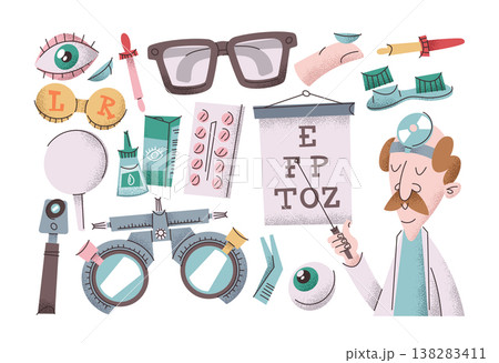 Professional ophthalmology isolated medical set with eye doctor character and optometry elements 138283411