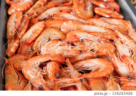 The king prawns on a display in a restaurant The king prawns on a display in a restaurant 138283488