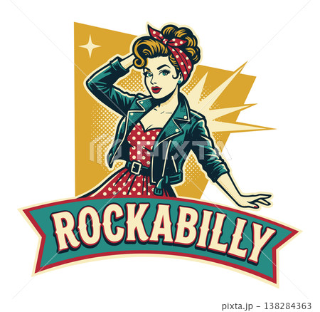 Rockabilly girl. Vector sticker in retro style Rockabilly girl. Vector sticker in retro style 138284363