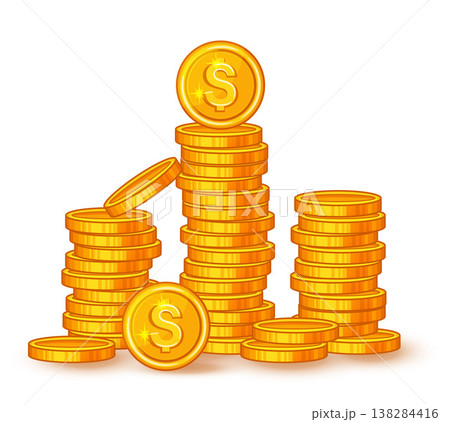 Money gold coin stack. Golden metal dollar currency cash pile. Finance business profit, wealth. Financial success, banking investment. Monetary heap. Treasure, jackpot prize. Earning, payment. Vector 138284416