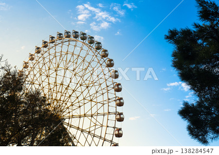 Giant observation wheel at an amusement park with sunset light and soft clouds 138284547