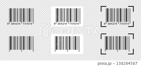 Collection of barcode stickers with scanner frames. Bar code labels isolated on transparent background. Visual data digital representation with product information. Vector graphic illustration 138284587