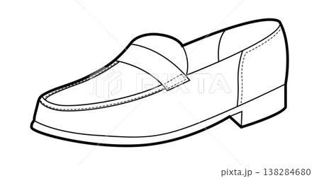 Penny loafer shoe women single line. Strap detail casual dress footwear for preppy street look everyday wear. Technical Penny loafer shoe women single line. Strap detail casual dress footwear for preppy street look everyday wear. Technical 138284680