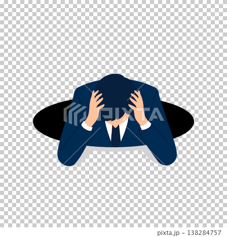 A simple illustration of a man in a suit holding his head after falling into a hole, representing a business persona expressing failure and despair. A simple illustration of a man in a suit holding his head after falling into a hole, representing a business persona expressing failure and despair. 138284757