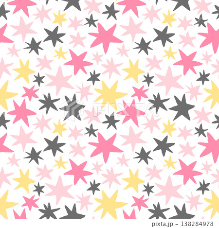 Cute vector seamless pattern with yellow, gray and pink stars on white background for baby and kid designs 138284978