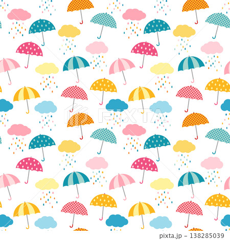 Cute and colorful vector umbrella seamless pattern with clouds and rain for kids clothing and paper products Cute and colorful vector umbrella seamless pattern with clouds and rain for kids clothing and paper products 138285039