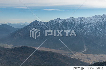 Layered alpine mountain ridge under soft blue sky 138285064