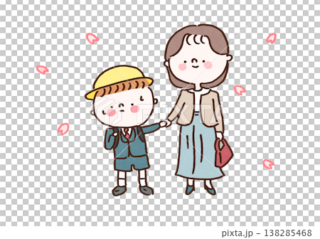 An illustration of a boy with a schoolbag on his back and his mother holding hands under a fully bloomed cherry tree (entrance ceremony). 138285468