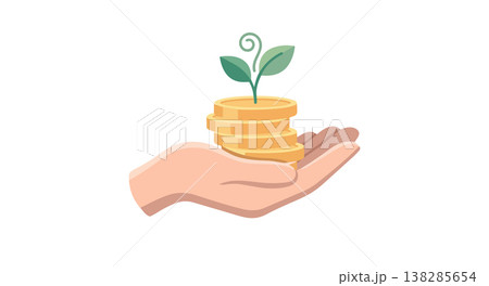 Hand holding stacked gold coins with a small green plant growing on top symbolizing financial growth savings investment Hand holding stacked gold coins with a small green plant growing on top symbolizing financial growth savings investment 138285654