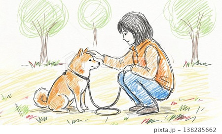 犬の頭を撫でてスキンシップする女性 138285662