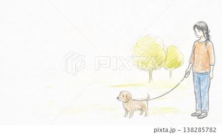 公園で犬と一緒の女性の立ち姿 余白バナーイラスト 138285782