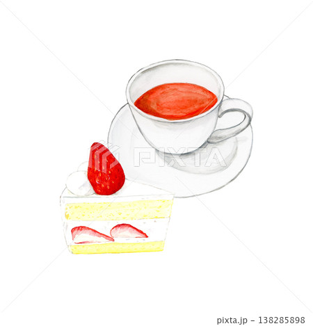 手描き水彩の紅茶カップといちごショートケーキのイラスト ティータイム おしゃれスイーツ 手描き水彩の紅茶カップといちごショートケーキのイラスト ティータイム おしゃれスイーツ 138285898