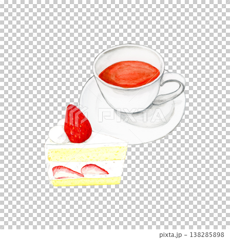 手描き水彩の紅茶カップといちごショートケーキのイラスト ティータイム おしゃれスイーツ 手描き水彩の紅茶カップといちごショートケーキのイラスト ティータイム おしゃれスイーツ 138285898