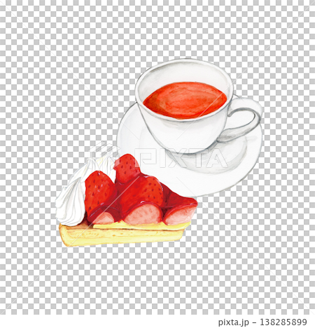 Hand-painted watercolor illustration of a teacup and strawberry tart. A stylish sweet treat for teatime. 138285899