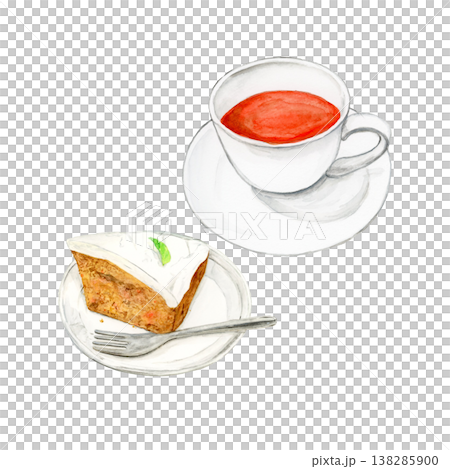 手繪水彩插畫，描繪了一隻茶杯和一塊胡蘿蔔蛋糕（配有盤子和叉子）。一款精緻的下午茶甜點。 138285900