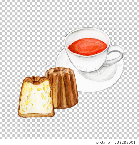 手繪水彩插畫，描繪了一隻茶杯和可露麗。精緻的下午茶甜點。 138285901