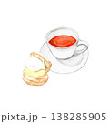 手描き水彩の紅茶カップとシュークリームのイラスト ティータイム おしゃれスイーツ 138285905