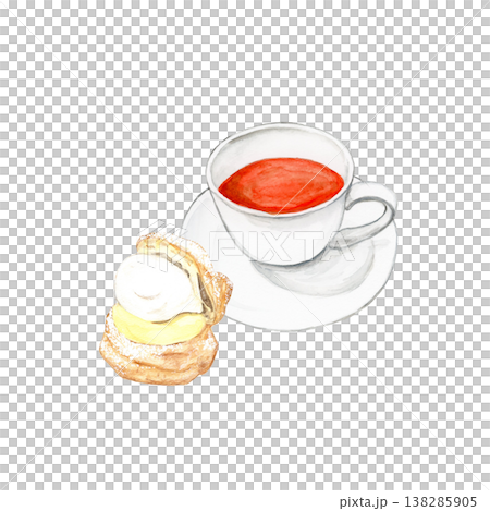 手繪水彩插畫,描繪了一隻茶杯和一隻奶油泡芙。一款時尚的下午茶甜點。 手繪水彩插畫,描繪了一隻茶杯和一隻奶油泡芙。一款時尚的下午茶甜點。 138285905