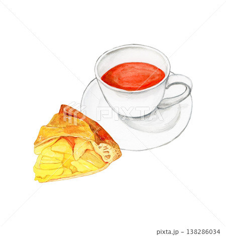 手描き水彩の紅茶カップとアップルパイのイラスト ティータイム おしゃれスイーツ 138286034