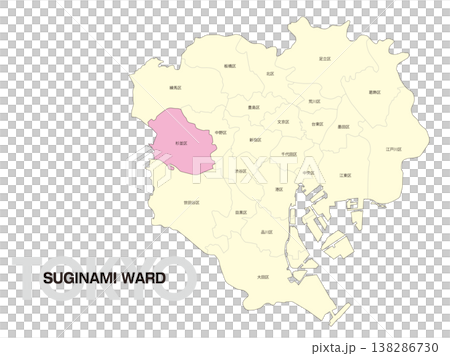 Location map of Suginami Ward, Tokyo, including ward names. 138286730