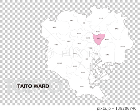 Location map of Taito Ward, Tokyo, including ward names. 138286740