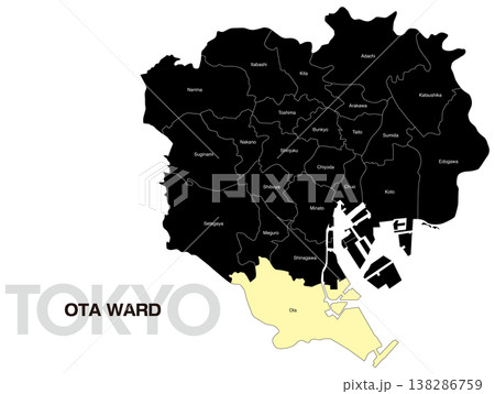 東京都大田区の区名入り位置地図 (英語) 東京都大田区の区名入り位置地図 (英語) 138286759