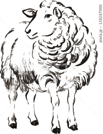 年賀状2027　未年の年賀状素材　振り返る羊の墨絵・水墨画イラスト素材　手描き　水彩　アート 138287000