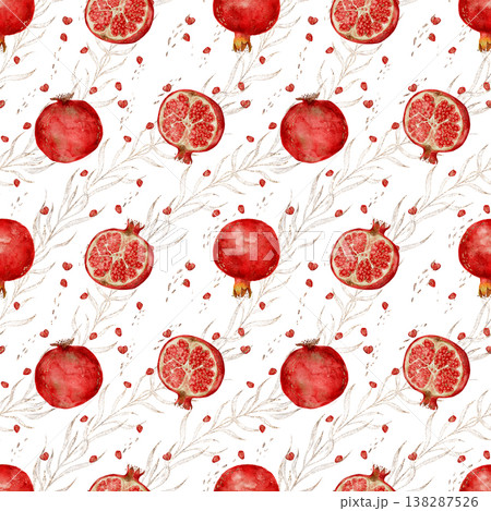 Unique Seamless Watercolor Pattern with Red Garnets and Gold Botanical Graphic Elements 138287526