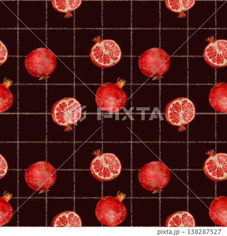 Elegant watercolor eco pattern with red juicy garnets and golden geometric lines 138287527