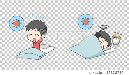 寝起きが良い・寝起きが悪いイラストのセット・男子 138287564