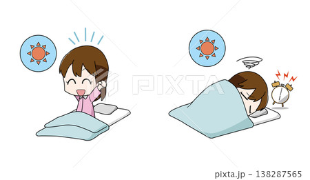 寝起きが良い・寝起きが悪いイラストのセット・女子 138287565