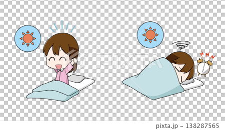 寝起きが良い・寝起きが悪いイラストのセット・女子 138287565