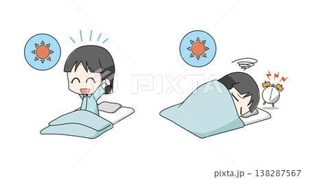 寝起きが良い・寝起きが悪いイラストのセット・女の子 寝起きが良い・寝起きが悪いイラストのセット・女の子 138287567