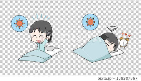 一組插圖，描繪了善於起床的女孩和不善於起床的女孩。 138287567